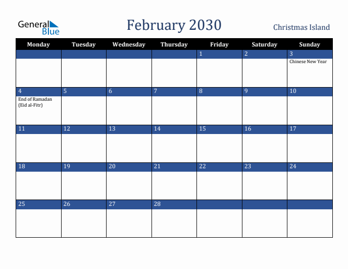 February 2030 Christmas Island Calendar (Monday Start)