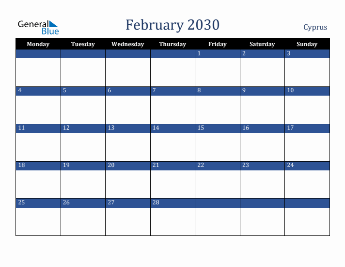 February 2030 Cyprus Calendar (Monday Start)