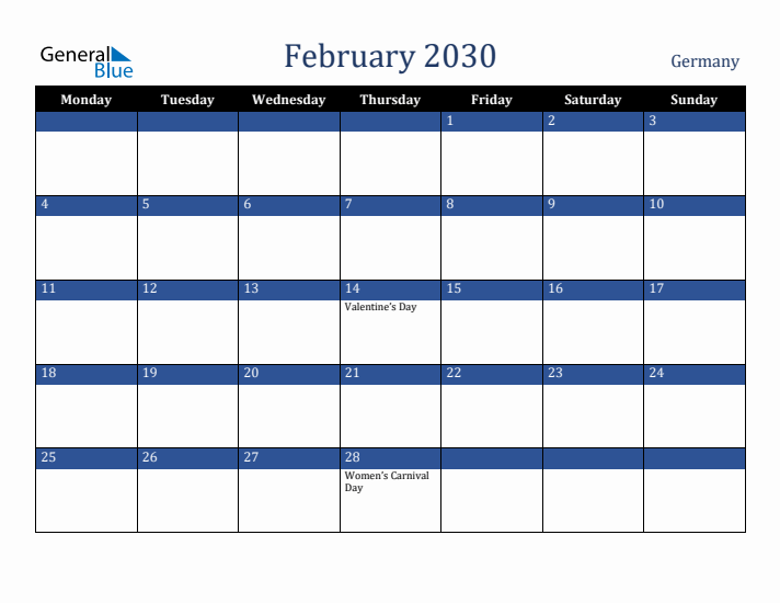 February 2030 Germany Calendar (Monday Start)
