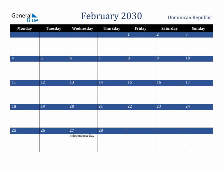 February 2030 Dominican Republic Calendar (Monday Start)