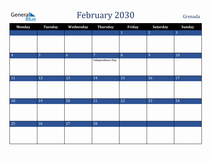 February 2030 Grenada Calendar (Monday Start)