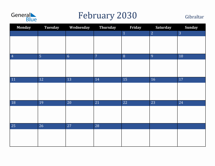 February 2030 Gibraltar Calendar (Monday Start)