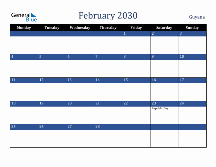 February 2030 Guyana Calendar (Monday Start)