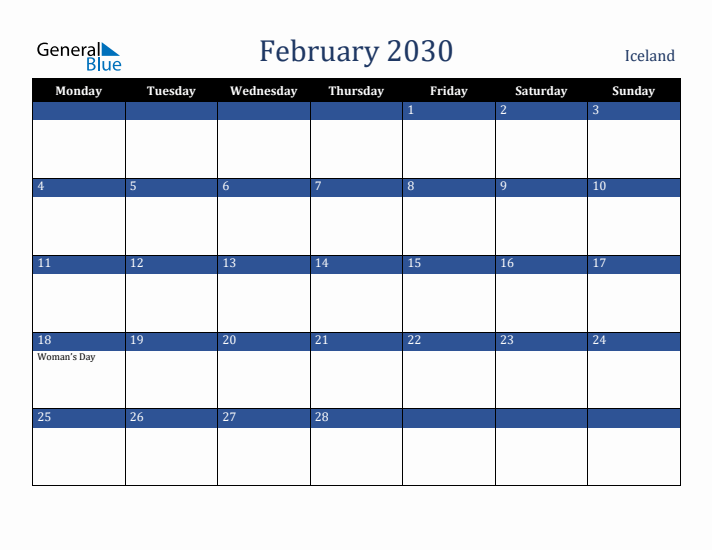 February 2030 Iceland Calendar (Monday Start)