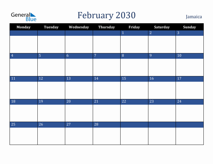 February 2030 Jamaica Calendar (Monday Start)