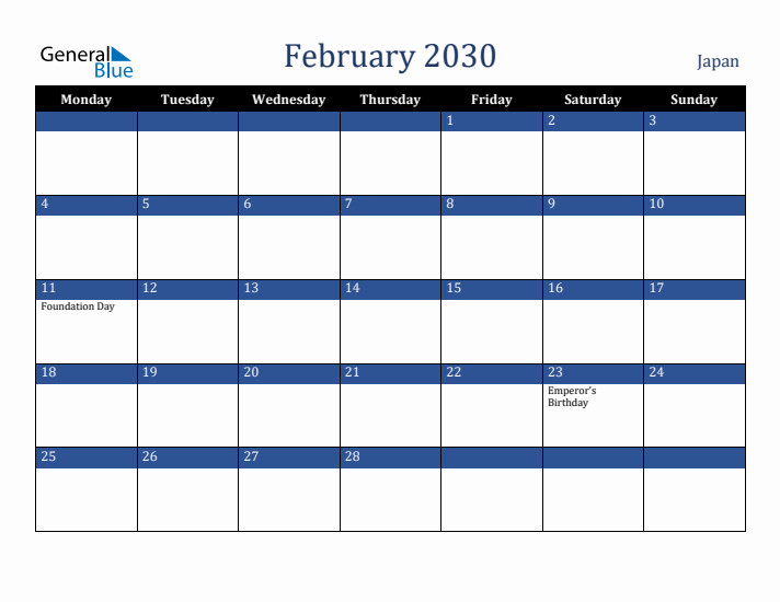 February 2030 Japan Calendar (Monday Start)