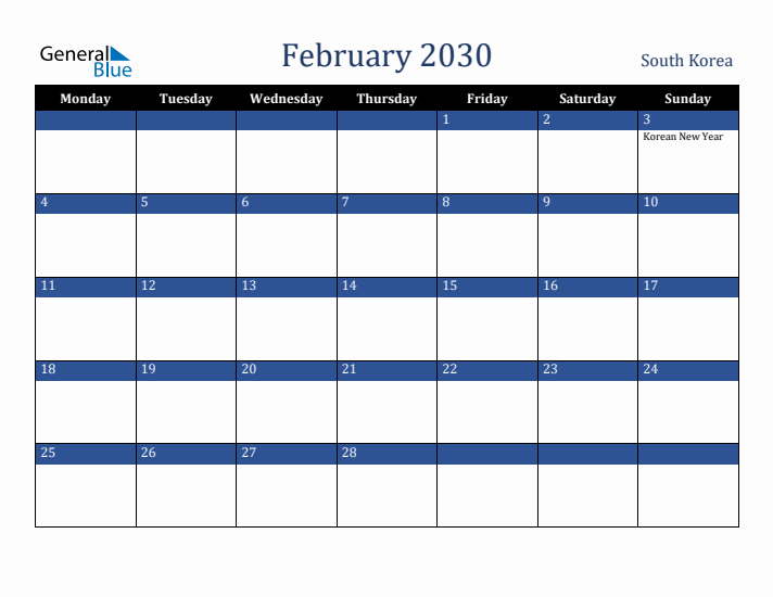 February 2030 South Korea Calendar (Monday Start)