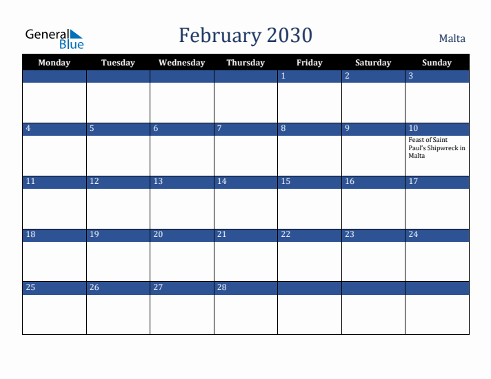 February 2030 Malta Calendar (Monday Start)