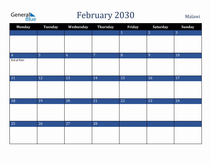 February 2030 Malawi Calendar (Monday Start)