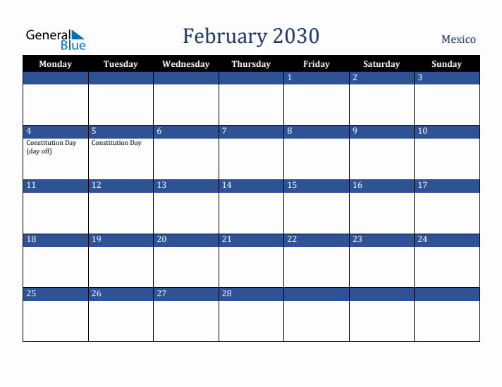 February 2030 Mexico Calendar (Monday Start)