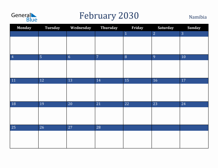 February 2030 Namibia Calendar (Monday Start)