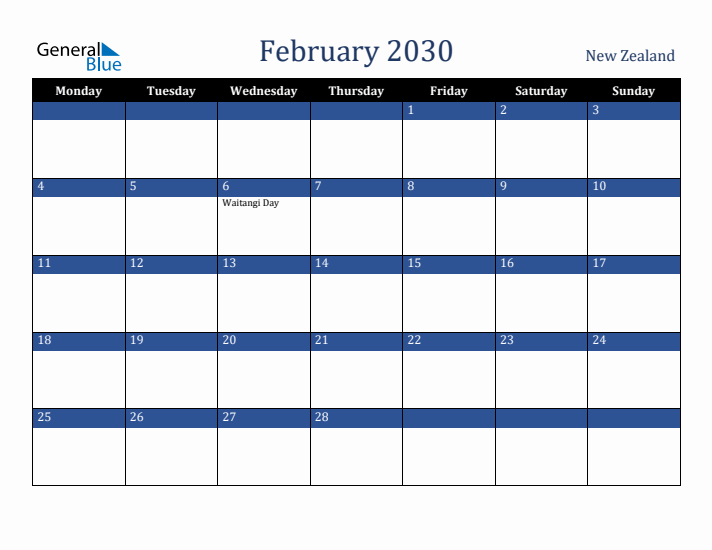 February 2030 New Zealand Calendar (Monday Start)