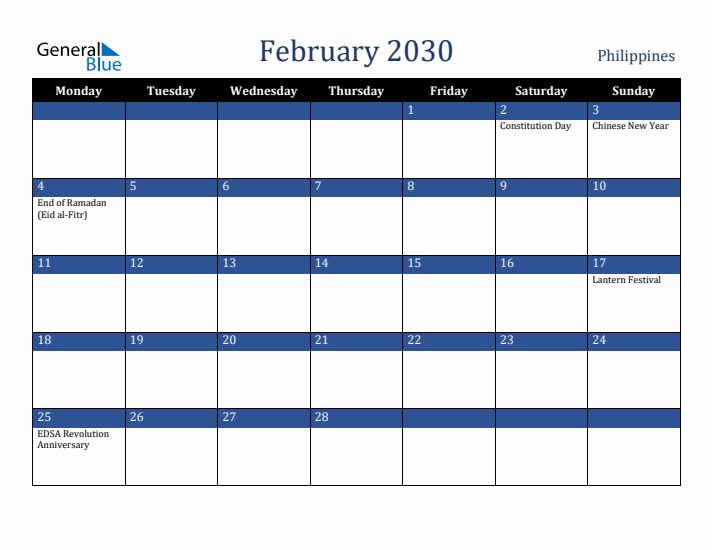 February 2030 Philippines Calendar (Monday Start)