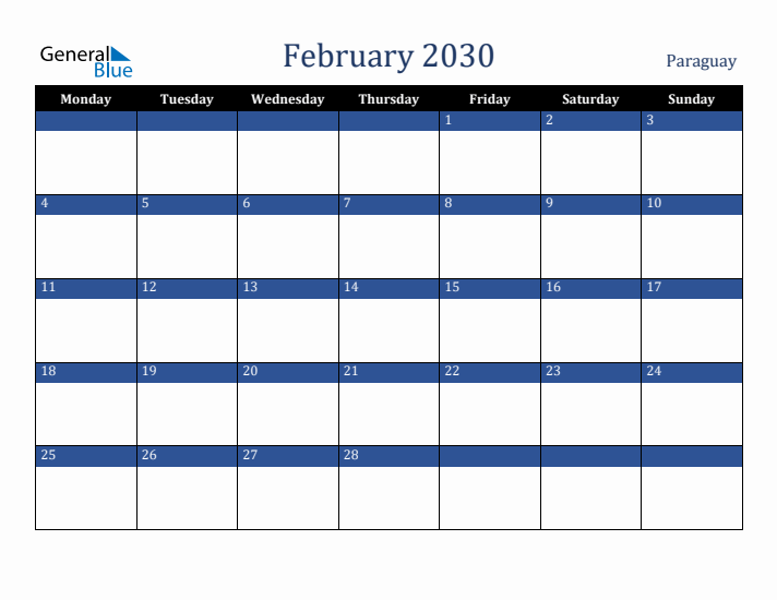 February 2030 Paraguay Calendar (Monday Start)