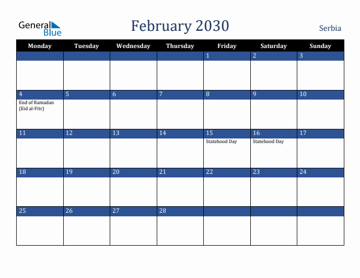 February 2030 Serbia Calendar (Monday Start)