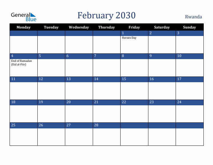 February 2030 Rwanda Calendar (Monday Start)
