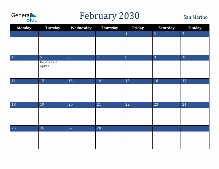 February 2030 San Marino Calendar (Monday Start)