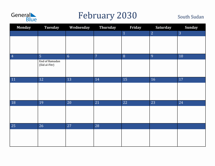 February 2030 South Sudan Calendar (Monday Start)
