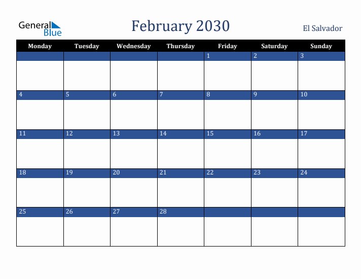 February 2030 El Salvador Calendar (Monday Start)