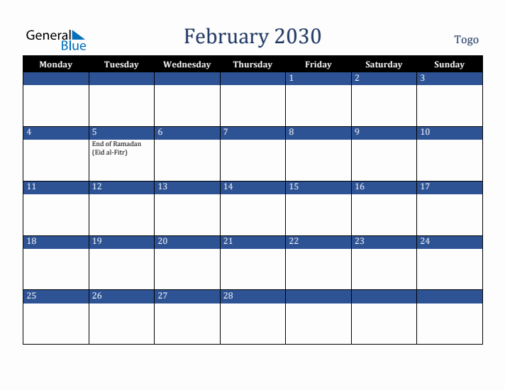 February 2030 Togo Calendar (Monday Start)