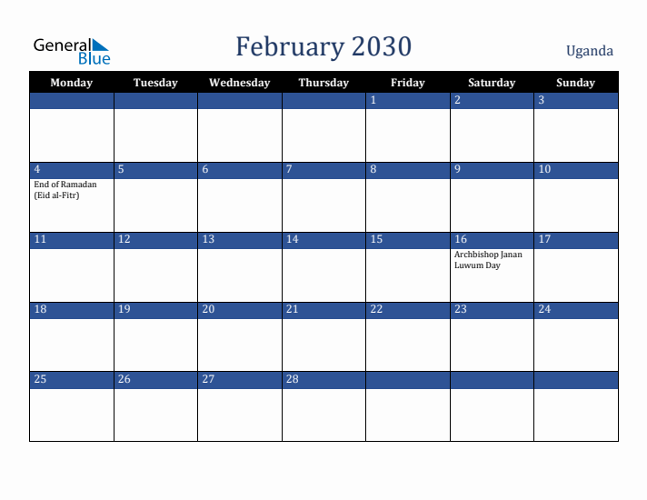 February 2030 Uganda Calendar (Monday Start)