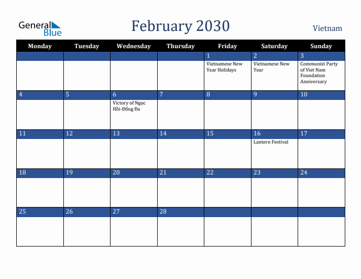 February 2030 Vietnam Calendar (Monday Start)
