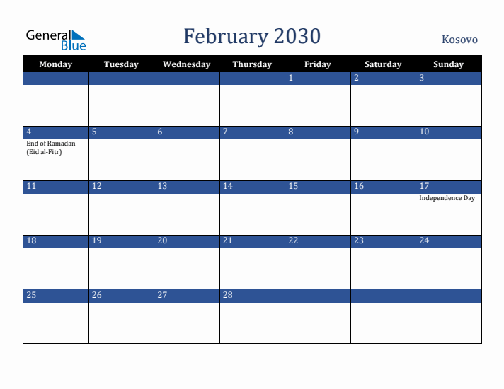 February 2030 Kosovo Calendar (Monday Start)