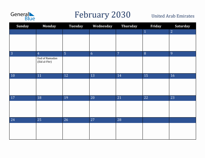 February 2030 United Arab Emirates Calendar (Sunday Start)