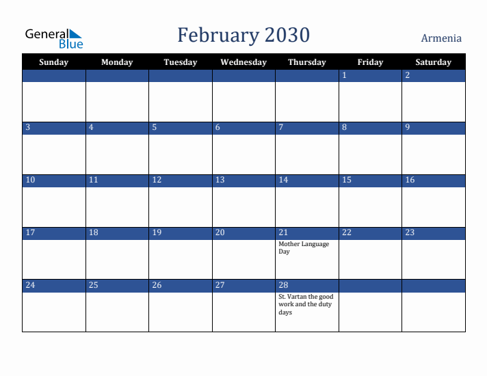 February 2030 Armenia Calendar (Sunday Start)