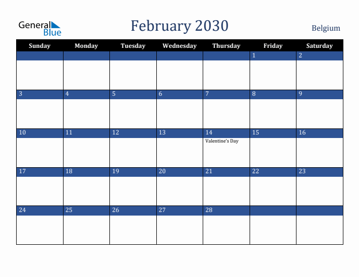 February 2030 Belgium Calendar (Sunday Start)