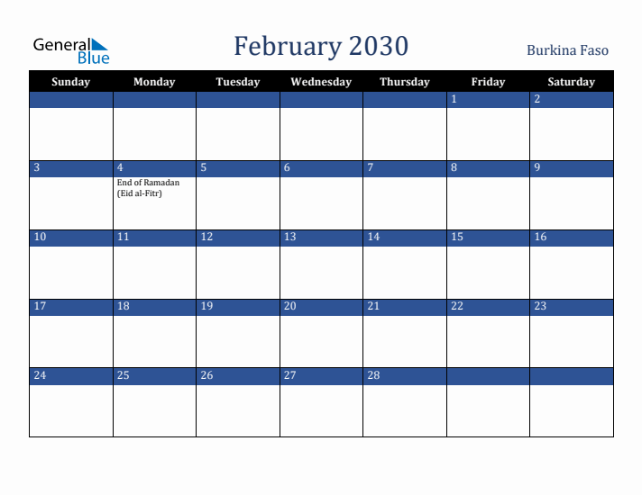February 2030 Burkina Faso Calendar (Sunday Start)