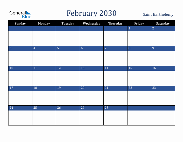 February 2030 Saint Barthelemy Calendar (Sunday Start)