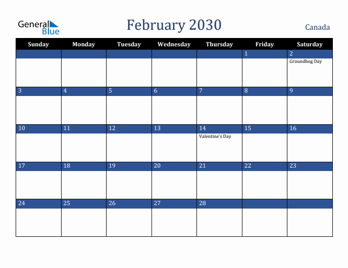February 2030 Canada Calendar (Sunday Start)