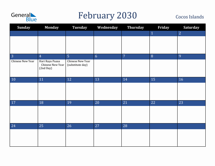 February 2030 Cocos Islands Calendar (Sunday Start)