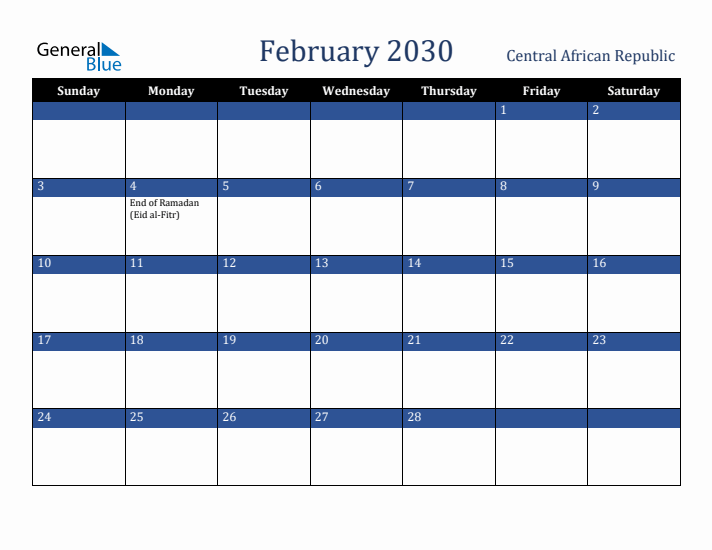 February 2030 Central African Republic Calendar (Sunday Start)