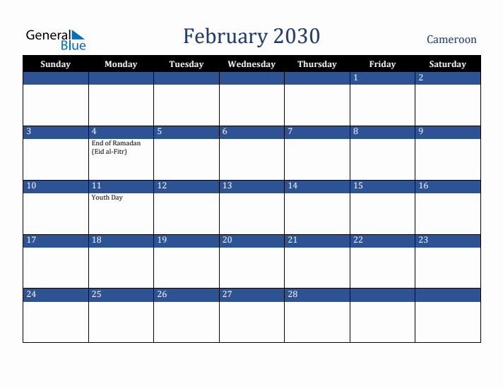 February 2030 Cameroon Calendar (Sunday Start)