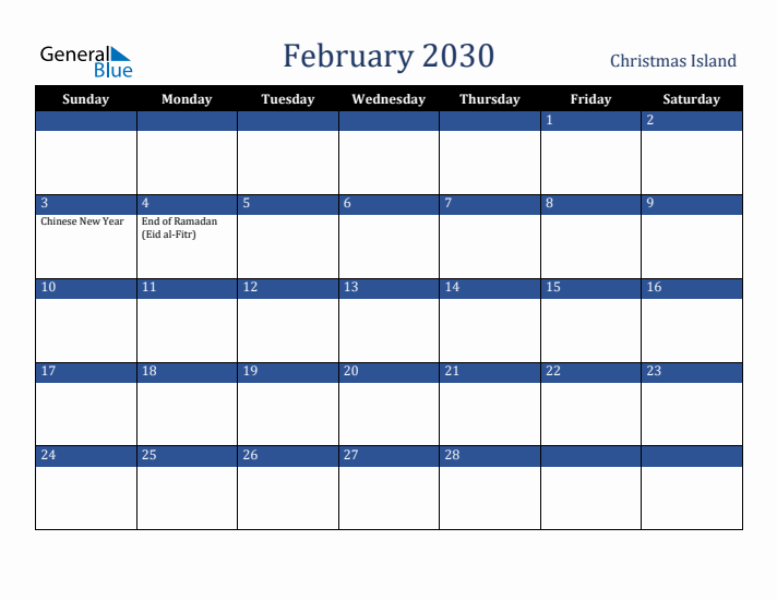 February 2030 Christmas Island Calendar (Sunday Start)