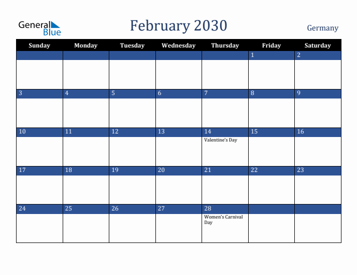 February 2030 Germany Calendar (Sunday Start)