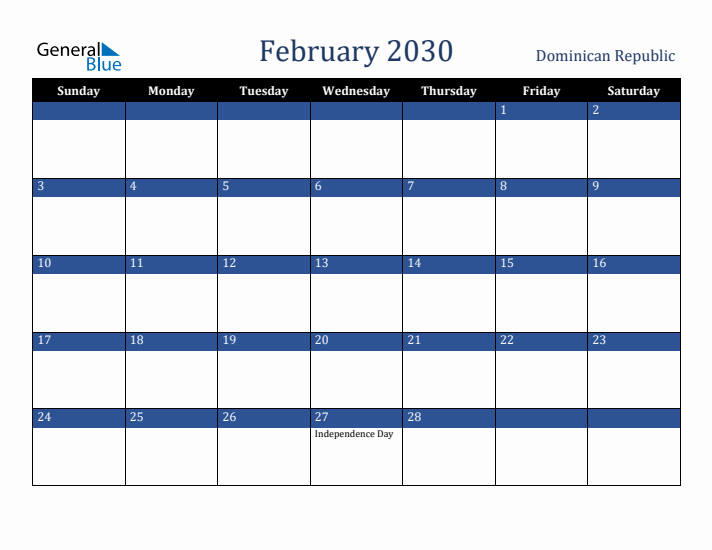 February 2030 Dominican Republic Calendar (Sunday Start)