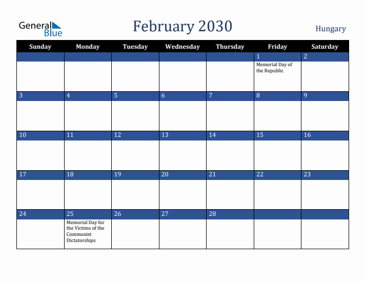 February 2030 Hungary Calendar (Sunday Start)