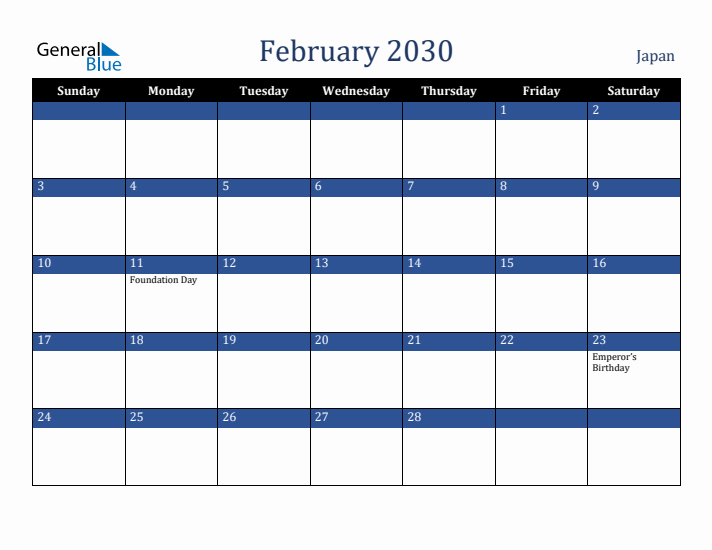 February 2030 Japan Calendar (Sunday Start)