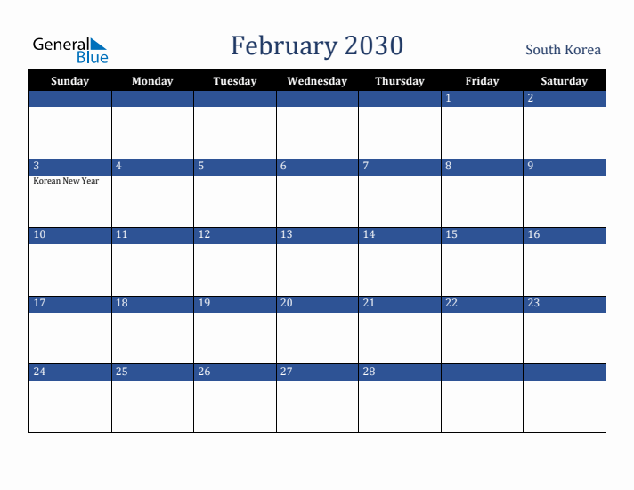 February 2030 South Korea Calendar (Sunday Start)