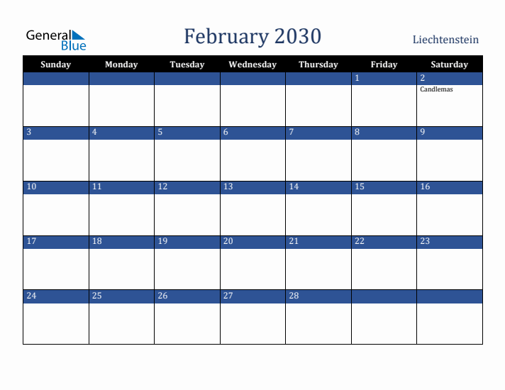 February 2030 Liechtenstein Calendar (Sunday Start)