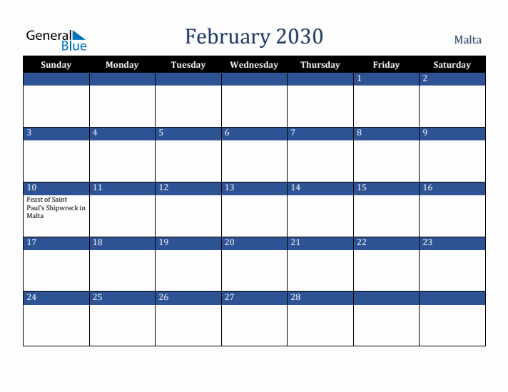 February 2030 Malta Calendar (Sunday Start)
