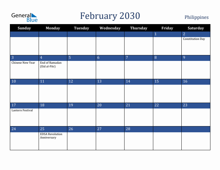 February 2030 Philippines Calendar (Sunday Start)