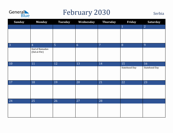 February 2030 Serbia Calendar (Sunday Start)