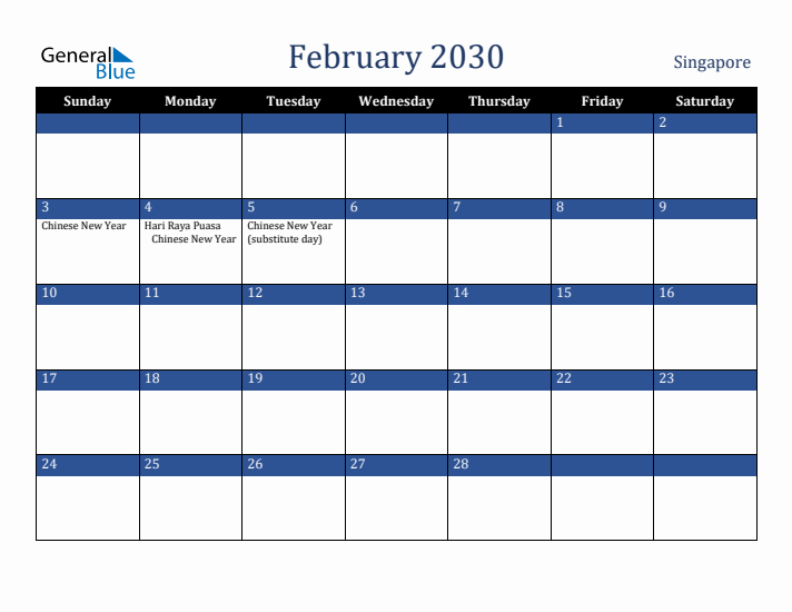 February 2030 Singapore Calendar (Sunday Start)