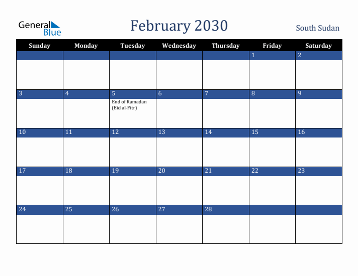 February 2030 South Sudan Calendar (Sunday Start)