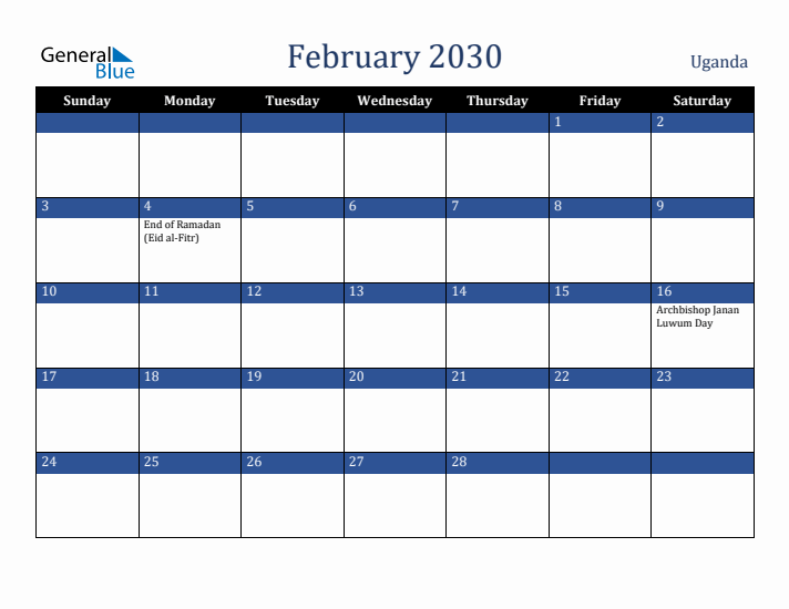 February 2030 Uganda Calendar (Sunday Start)