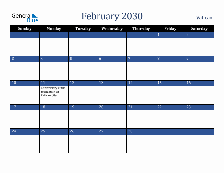 February 2030 Vatican Calendar (Sunday Start)